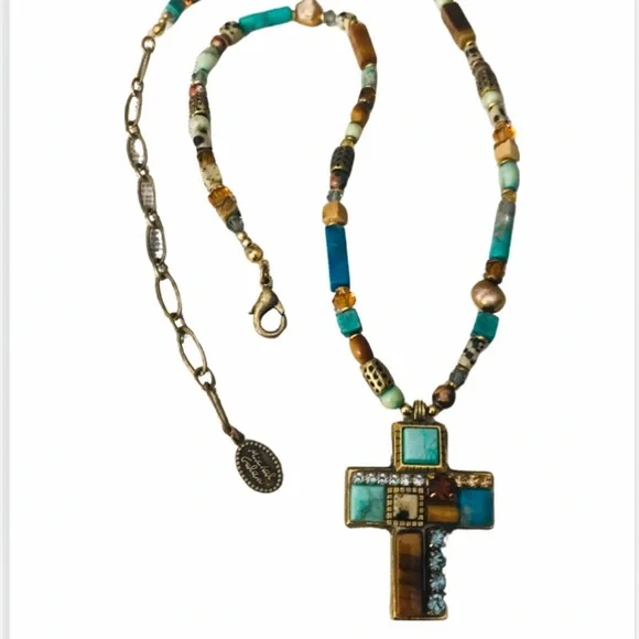 Vintage Michal Golan Cross Necklace Turquoise,Tiger Eye Gemstone Mosaic - Picture 3 of 9